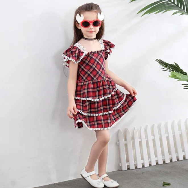 1166#Dress Birthday Cake Girl Baby Dress Red Plaid Three-layer Lace Ruffled Princess Lattice | Детская одежда и обувь