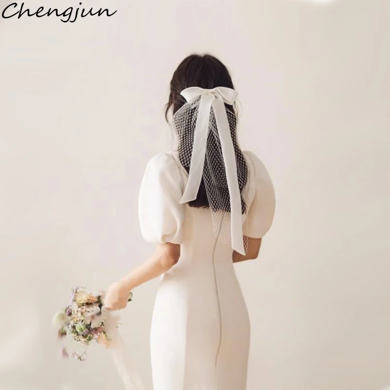 Chengjun Unique Wedding Hair Accessories Bowknot Ribbon Short Bridal Veils |