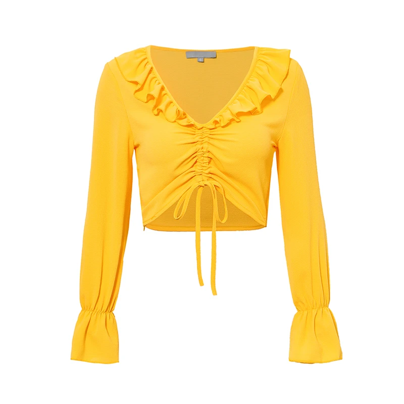 Conmoto с длинным рукавом укороченный топ Для женщин блузка молнии Drawstring Осенняя