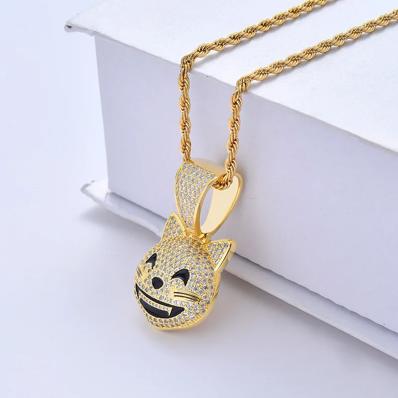 Bling Cute Smile Expression Kitty Animal Pendant Necklace Cubic Zirconia Hip Hop Iced Out Jewelry | Украшения и аксессуары