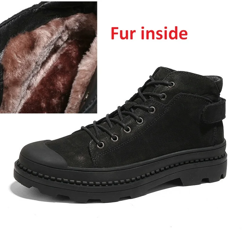 Fur inside black Мужские ботинки из натуральной кожи; модные дизайнерские Брендовые ботильоны с теплым мехом внутри; Мужская зимняя обувь; ботинки; большие размеры 37-46 - Цвет: Fur inside black
