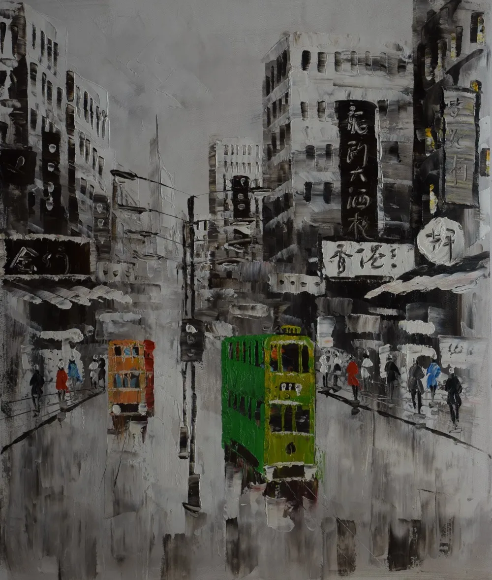 

Hand Painted Canvas Knife Oil Painting Abstract Hong Kong Trams Street Painting Wall Picture for Home Decoration