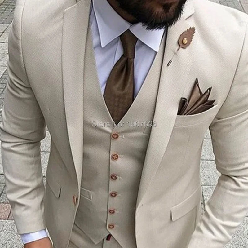 Slim Fit повседневные мужские костюмы бежевого цвета из 3 предметов: куртка с брюки