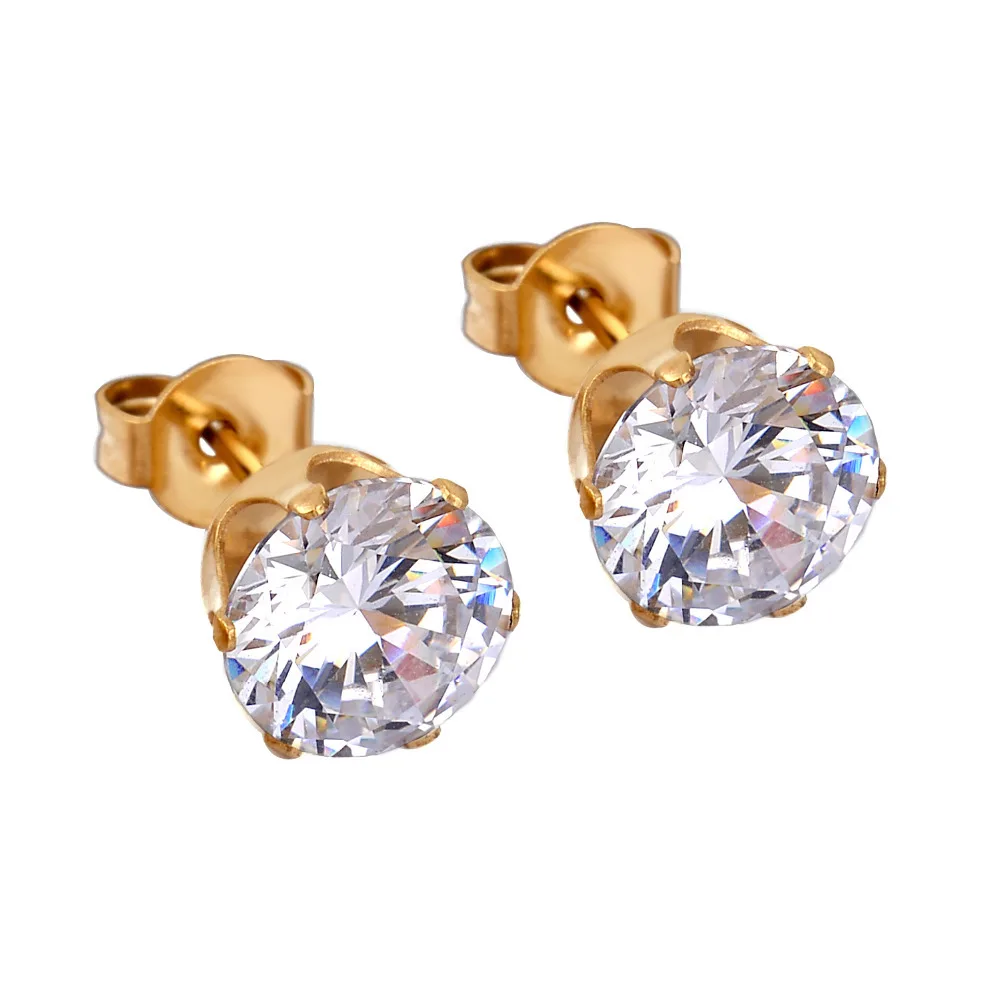 Hypoallergenic 316L stainless steel round pure Zircon stud earrings jewelry gold and Silver two-tone for men&ampwomen | Украшения и