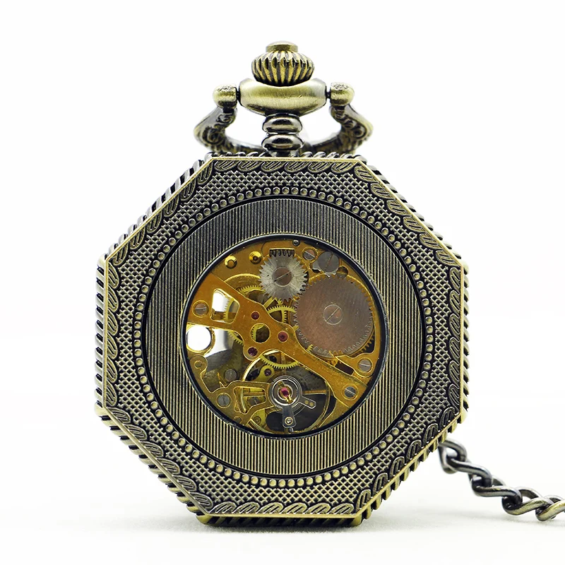 Irregular Hexagon Design Skull Mechanical Pocket Watch Retro Steampunk Gentleman Style Men's Necklace Pendant Clock