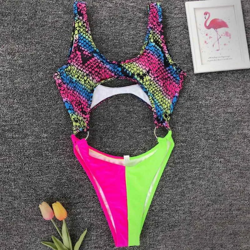 Top Quality Sexy Leopard Snake Print Women String Bikini Swimwear Hollow High Waisted One Piece Swimsuit |