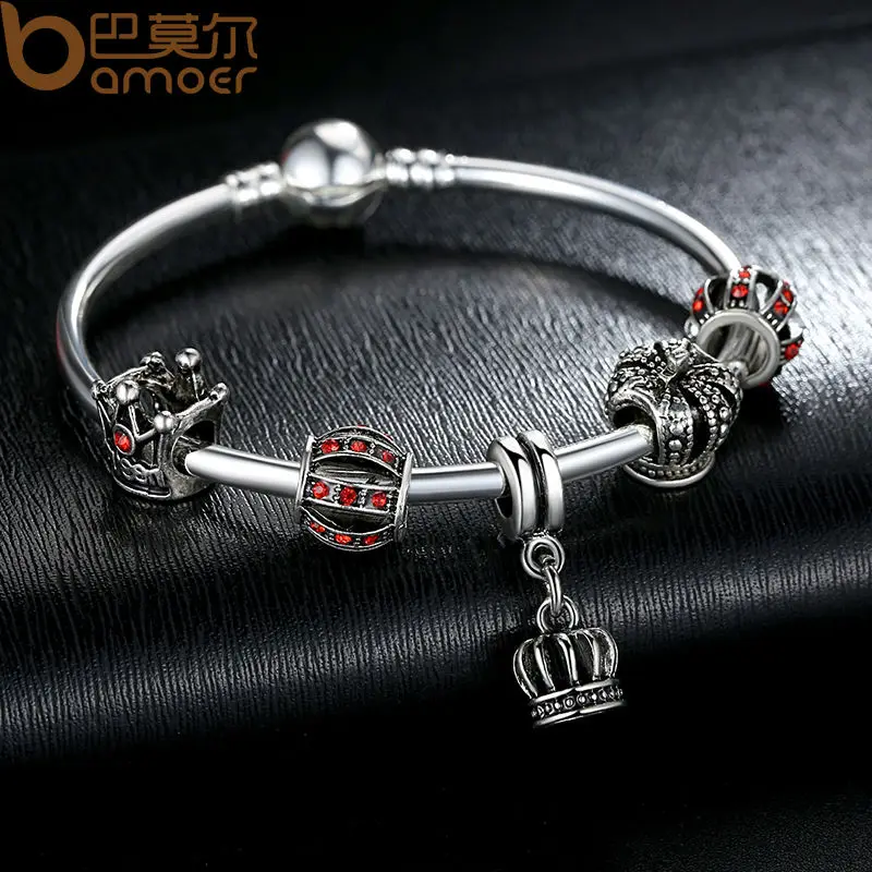 Простой 925 серебряный браслет и с королевская корона подвеска красный