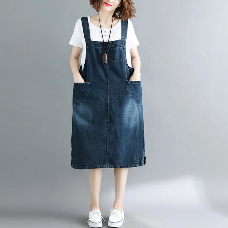 Casual Sleeveless Strap Jeans Dress Women Front Pocket Slit Literary Vintage Plus Size Suspender Denim Sundress Overalls Dresses | Женская