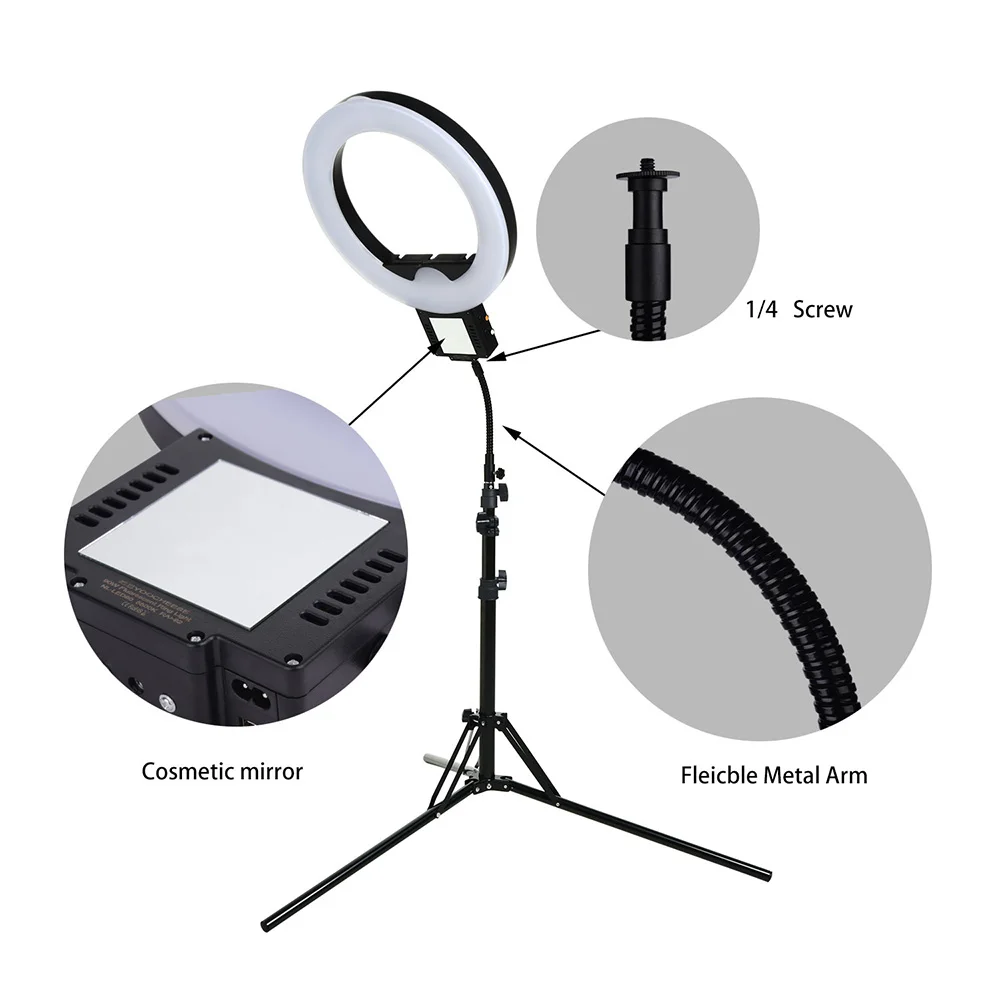 Йохис 18-дюймовая 90 Вт светодиодная лампа кольцевого освещения студийного типа 2700K-6000K с регулировкой яркости для видео, макияжного зеркала с USB-подключением для зарядки телефона.