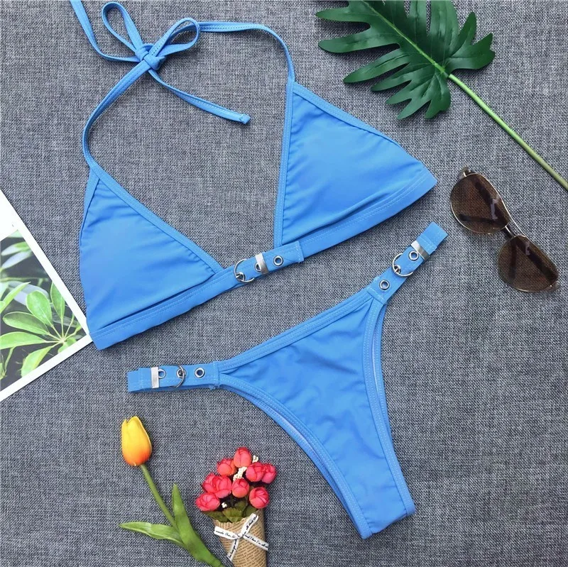 2018 Femme Maillot De Bain отрегулируйте кнопку Холтер для женщин комплект бикини Твердые