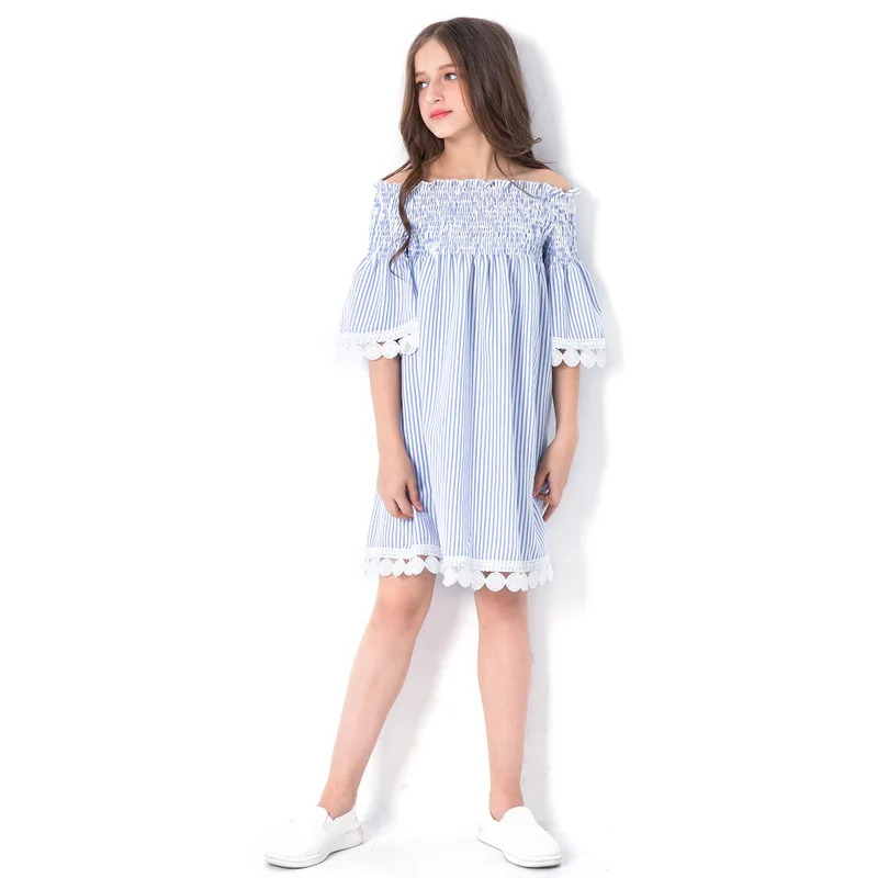 2019 Summer Girls Princess Dress White Off-shouder Lace Kids for Striped Party Birthday Teens School Outfits | Детская одежда и