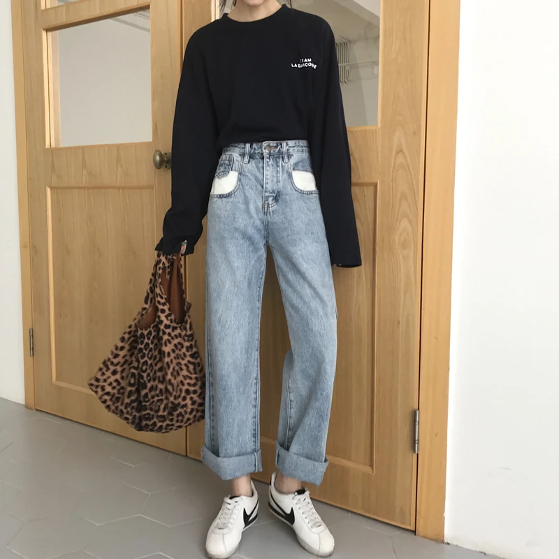 S-XL, 2XL, 3XL, 4XL, 5XL джинсы с высокой талией для женщин размера плюс свободные джинсы с широкими штанинами женские цветные лоскутные джинсы женские(E0956