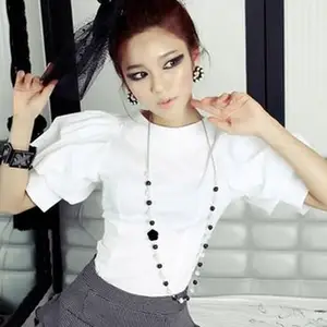 Женская рубашка с коротким рукавом-фонариком, белая хлопковая блузка с круглым вырезом, лето 2020