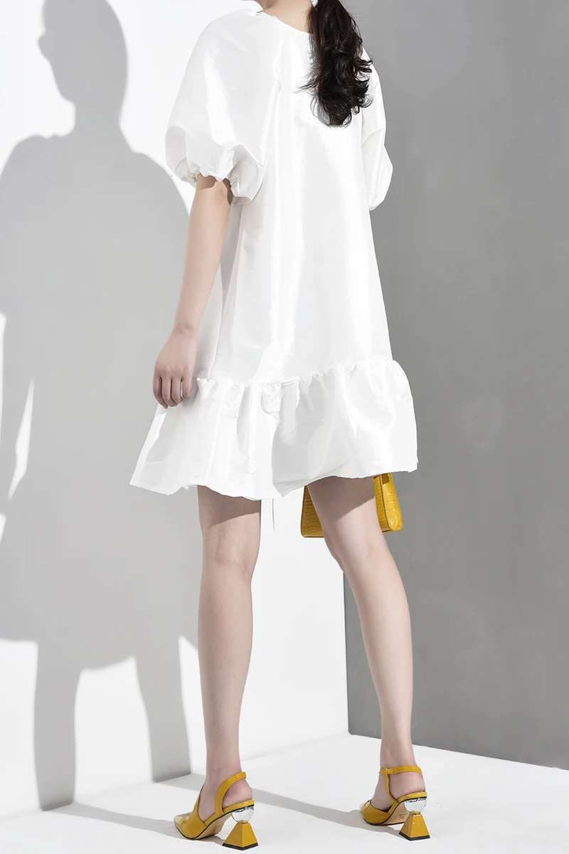 [EAM] New Spring Summer Round Neck Short Sleeve White Ruffles Hem Bandage Bow Big Size Dress Women Fashion Tide WD5070