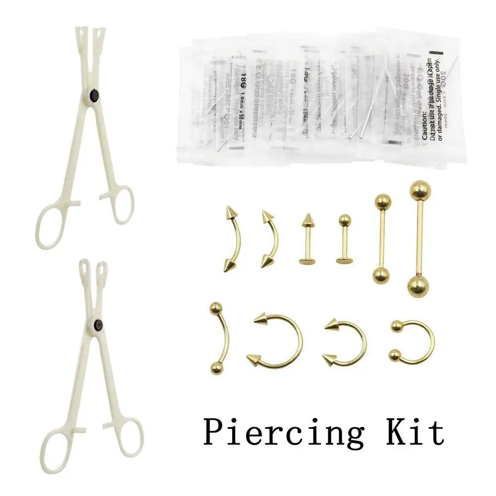 

32Pcs Professional Body Piercing Kit Surgical Steel Ear Piercing Needles 12G 14G 16G 18G 20G Piercing Clamps Belly Ring Tongue