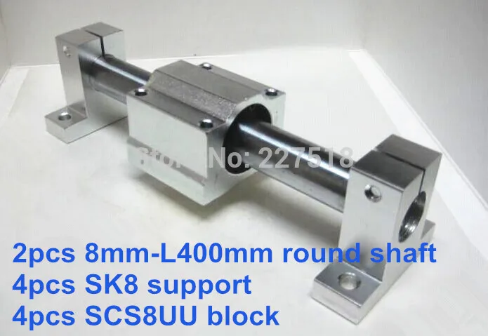 

8mm linear set: 2pcs 8mm - 400mm linear round shaft + 4pcs SK8 shaft support + 4pcs SCS8UU linear bearing block