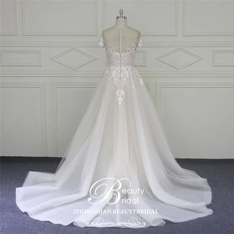 Beautybridal Custom made lace Beads Wedding Dresses round illusion neckline wedding gown short sleeves Vestido de Noiva LS706 | Свадьбы и