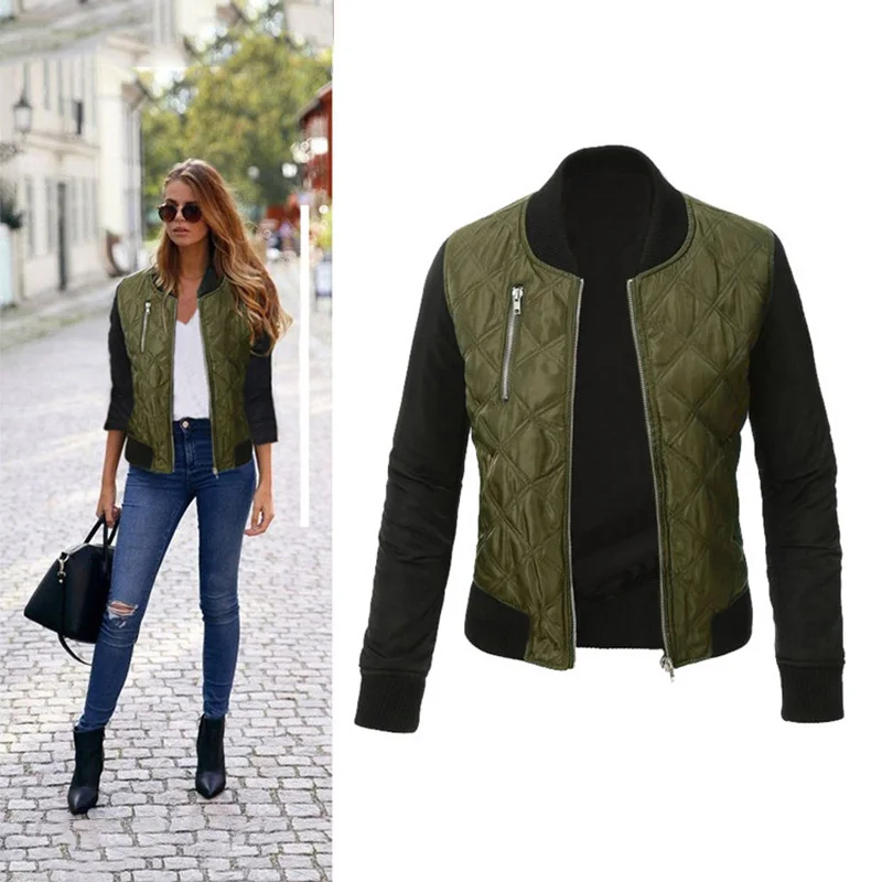 Autumn Winter Leisure Fashion Solid Women Jacket O-neck Zipper Stitching Quilted Bomber jacket 2019 New Coats | Женская одежда