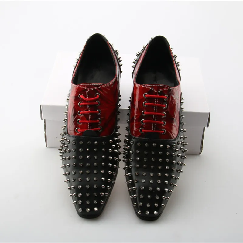 Black Rivet Embellished Men Breathable Casual Shoes Lace Up Square Toe Party Mixed Color Nightclub Waterproof Hombre | Обувь