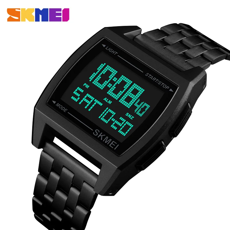 SKMEI Top luxury Watch Men Stainless Steel Strap Fashion 3Bar Waterproof Watches LED Display Digital Watch reloj hombre 1368