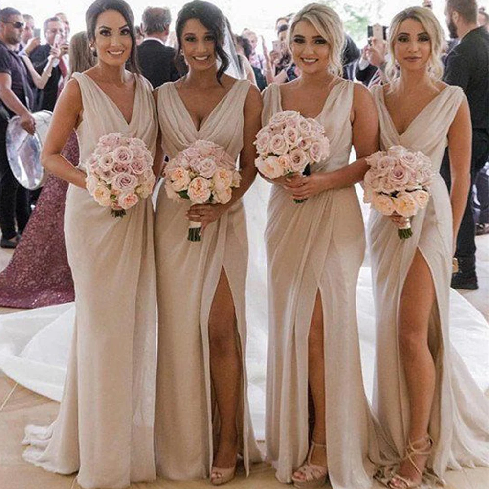 Платья подружки невесты цвета слоновой кости 2019 V образный вырез задрапированные