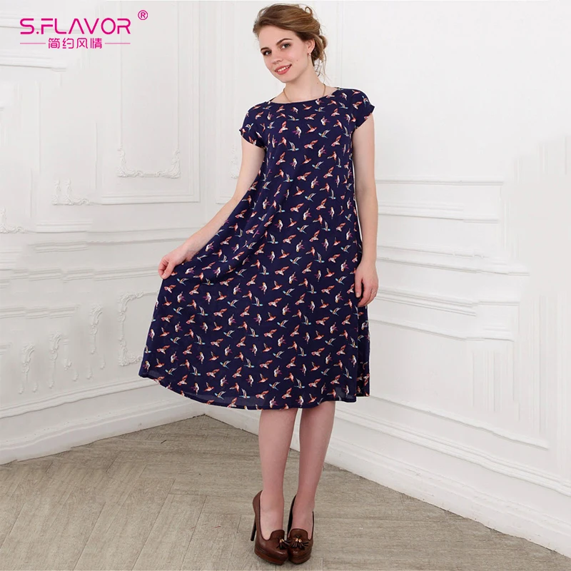 S. FLAVOR женское платье с цветочным принтом и круглым вырезом длина до середины икры