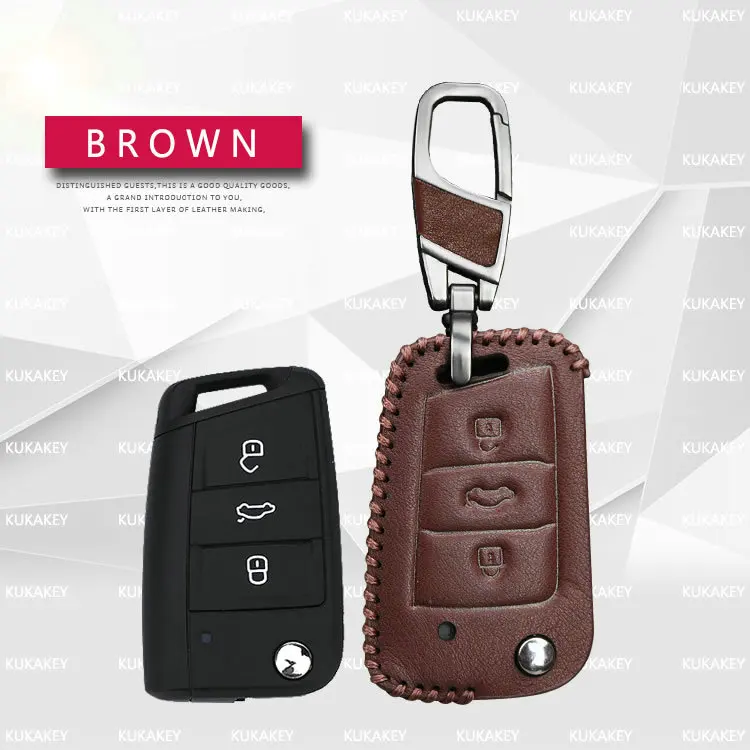 KUKAKEY чехол для ключей автомобиля из натуральной кожи для SEAT Leon Ibiza CUPTRA для Skoda Octavia, чехол для ключей, держатель для VW Polo golf 7 MK7 - Название цвета: 3Button Brown