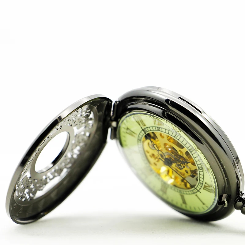 Black Mesh Relief Skeleton Mechanical Pocket Watch Retro Steampunk Gentleman Style Men's and Women's Necklaces Pendant Clock