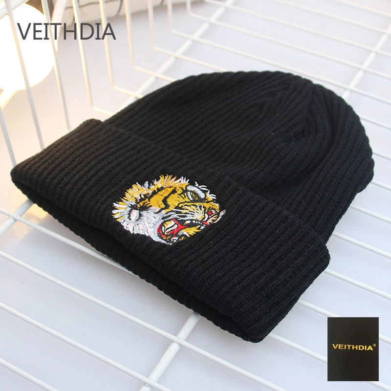 VEITHDIA новая осенняя и зимняя шапка с вышитой головой тигра шерстяная вязаная