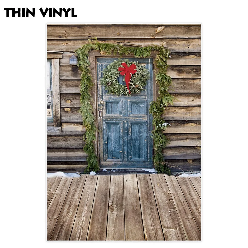 Allenjoy Christmas backdrop photography wreath door cabin winter countryside rural decoration for home photo studio background |