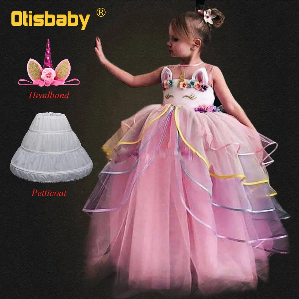 6 Layers Birthday Party Girls Unicorn Dress Floor Length Backless Ceremonial Dresses Kids Floral Sleeveless Long Evening | Детская