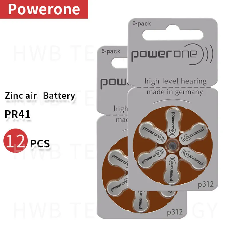 2 упаковки (12 шт.) цинковые воздушные батареи Powerone 60 размер 312 P312 PR41 для слухового