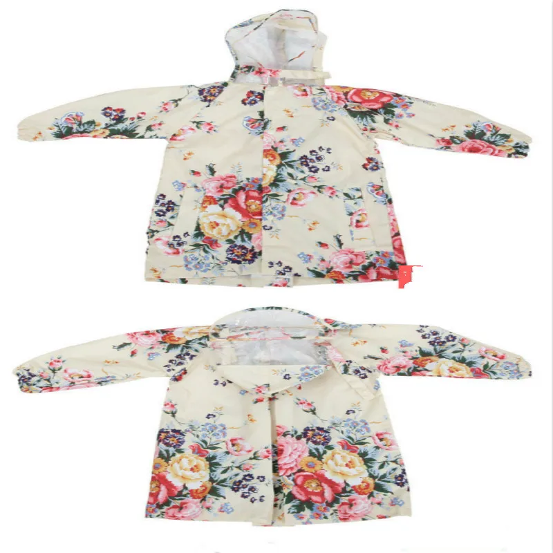 

Girls Flower Printed Hooded Raincoat Peony Waterproof Outdoors Kids Hiking Rainwear Poncho