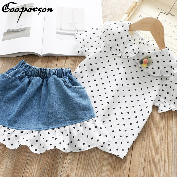 Детский летний костюм комплект одежды для маленьких девочек рубашка в горошек с
