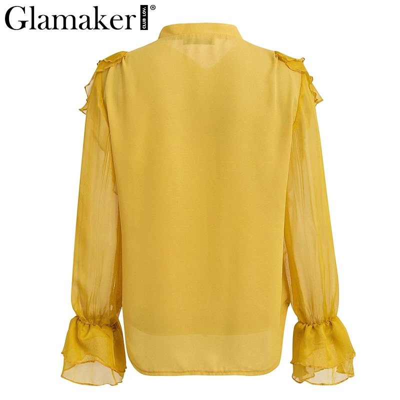 Glamaker шифоновая Сексуальная Элегантная блузка Футболка женская летняя блузка с оборками и v-образным вырезом женская блуза с длинным рукавом-фонариком повседневные женские блузки
