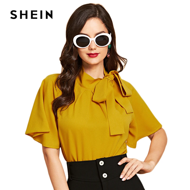 SHEIN Яркий Топ С Бантом И Рукавами Флаттерами, Нарядная Офисная Блузка