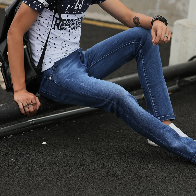 

2018 New Men's Solid Blue Skinny Jeans Stretch Washed Slim Fit Straight Pencil Pants Casual Streetwear z004