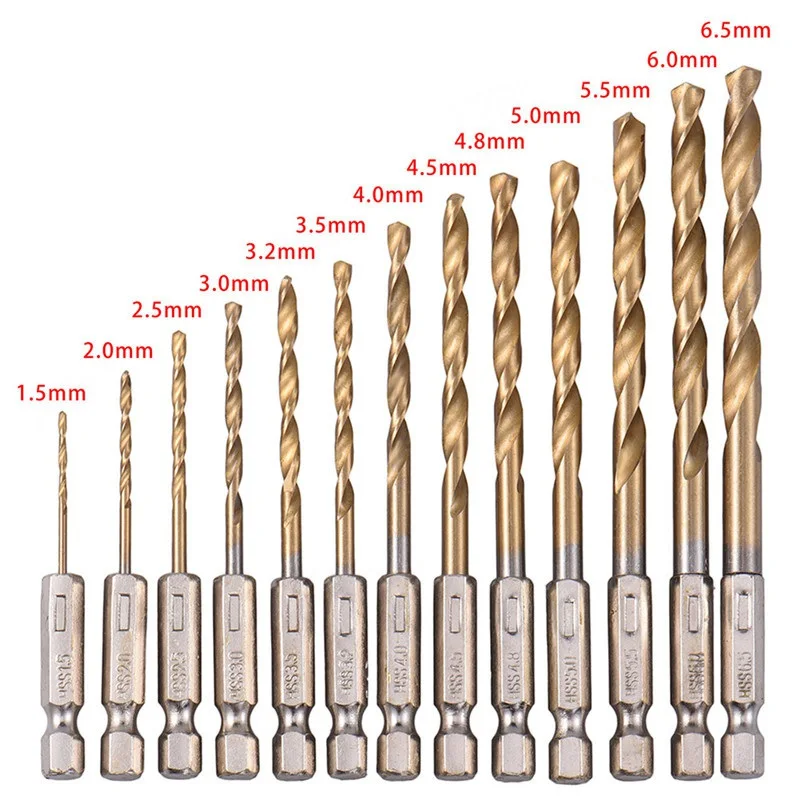 

HOEN Drill Bits13pc 1.5-6.5mm Hexagonal Screw Drills Power Tools Woodworking Tools High Speed Steel 1/4" Hex Shank Drill Bit Set