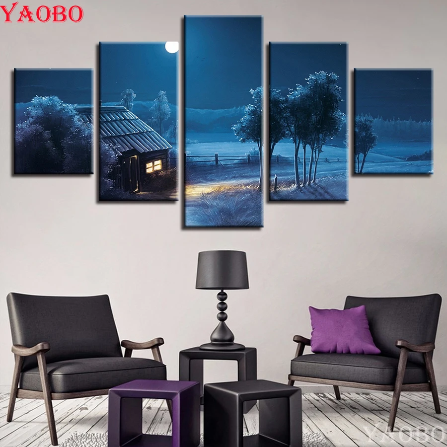 

5pcs/set Diamond Painting Mountain /House /Moon Night View Diamond Embroidery Full Square Round 5D Cross Stitch Diamond Mosaic