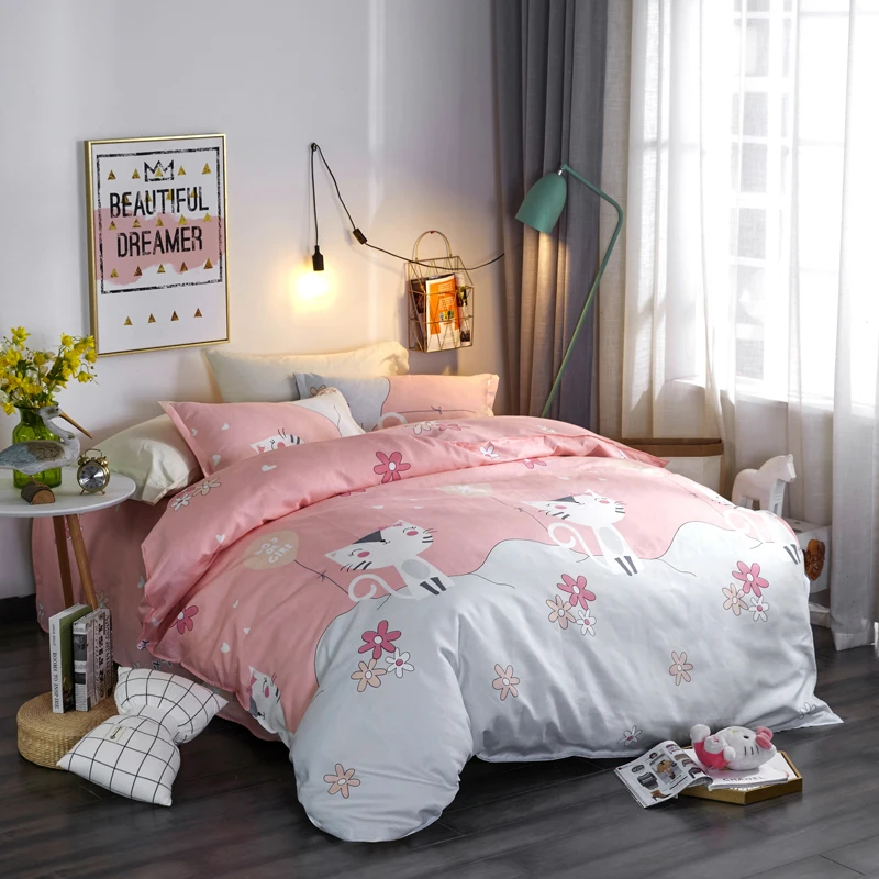 Cartoon Cute Kitten Pattern Bedding Sets Set Polyester Fabric Reactive Printing Hot Sale Comforter Bed Queen Size 3/4Pcs | Дом и сад