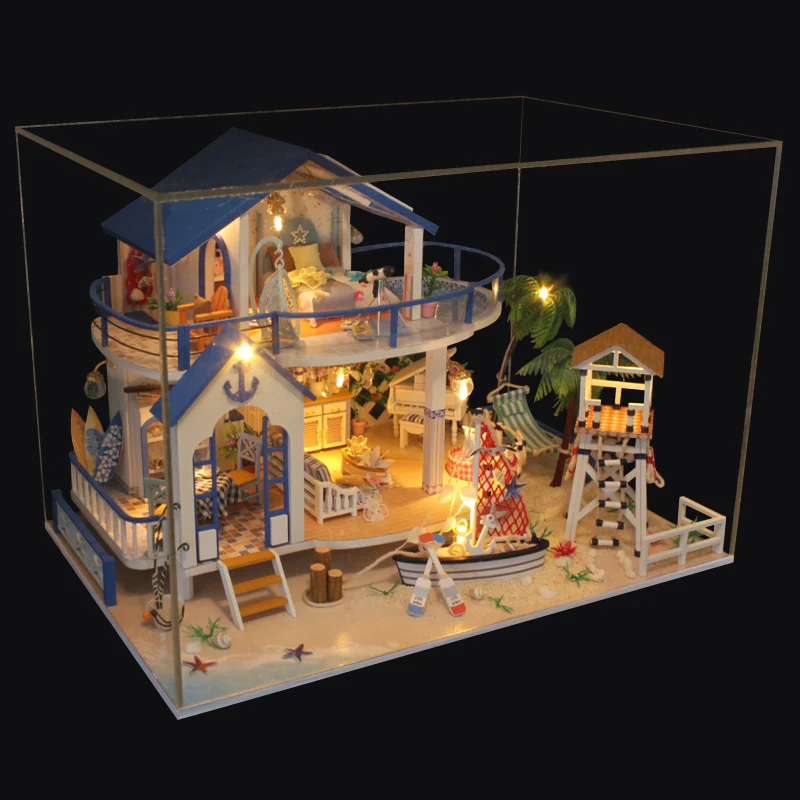 With Dust cover DIY LED Dollhouse Sea Miniature Villa With Furniture Wooden House Room Model Kit Gifts 3D Toys For Children Kids Doll House - Цвет: With Dust cover