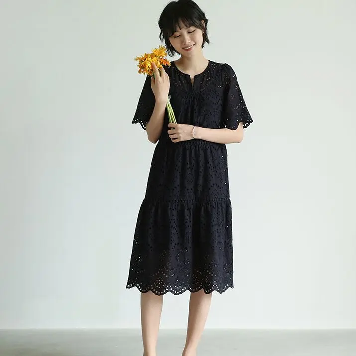 Женское хлопковое вязаное крючком платье свободное однотонное летнее с