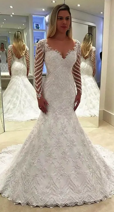 

Delicate Long Sleeves Wedding Dress Sweetheart Neckline Embroidery Lace Applique Bridal Gowns vestido de noiva