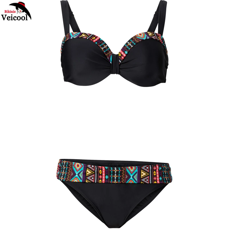 2019 сексуальный женский комплект бикини черный с принтами купальник пуш ап бандаж