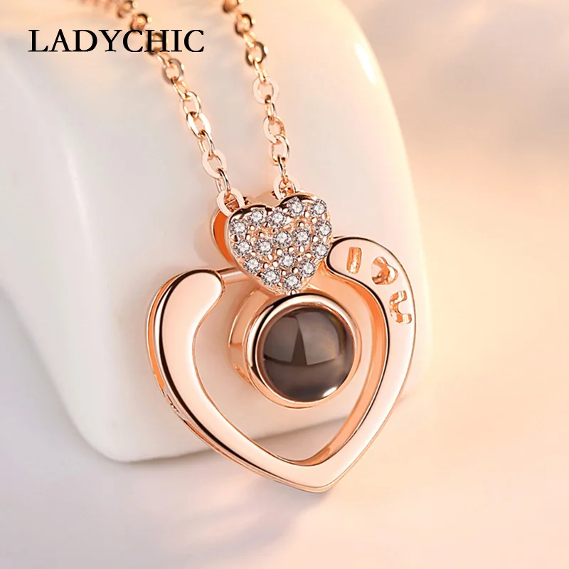 Double Heart Rose Розовое золото и серебро 100 языков я люблю тебя проекция индивидуальный кулон, ожерелье история любви подвижное ожерелье s Прямая поставка - Окраска металла: Double Heart Rose