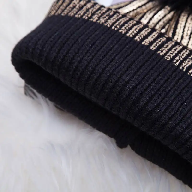 Knitted Bronzing Gold Silver Beanie Cap Pompom Winter Hats For Women Fur Pom Pom Ball Hat Ladies Girls Warm Skullies Beanies