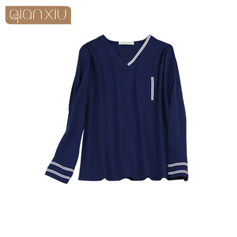 women navy blue Qianxiu пара стиль мужские пижамы белье Удобный сплошной цвет домашняя одежда 18101 - Color: women navy blue