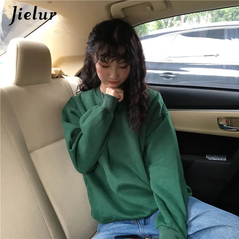 Зеленый Jielur 12 однотонные толстовки Джерси женские Зимние флисовые корейские Harajuku толстовки женские Kpop Kawaii черные розовые женские s пуловеры - Цвет: Зеленый
