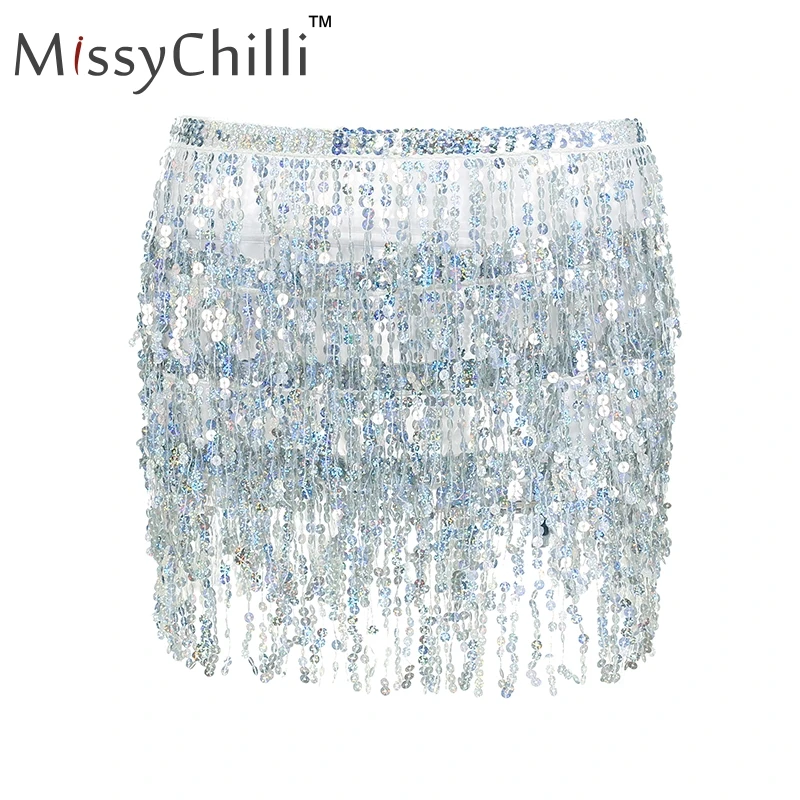 MissyChilli, сексуальная бандажная летняя юбка с пайетками, блестящая пляжная мини-юбка с кисточками, Женская Клубная короткая юбка с высокой талией, Новинка - Цвет: Серебристый
