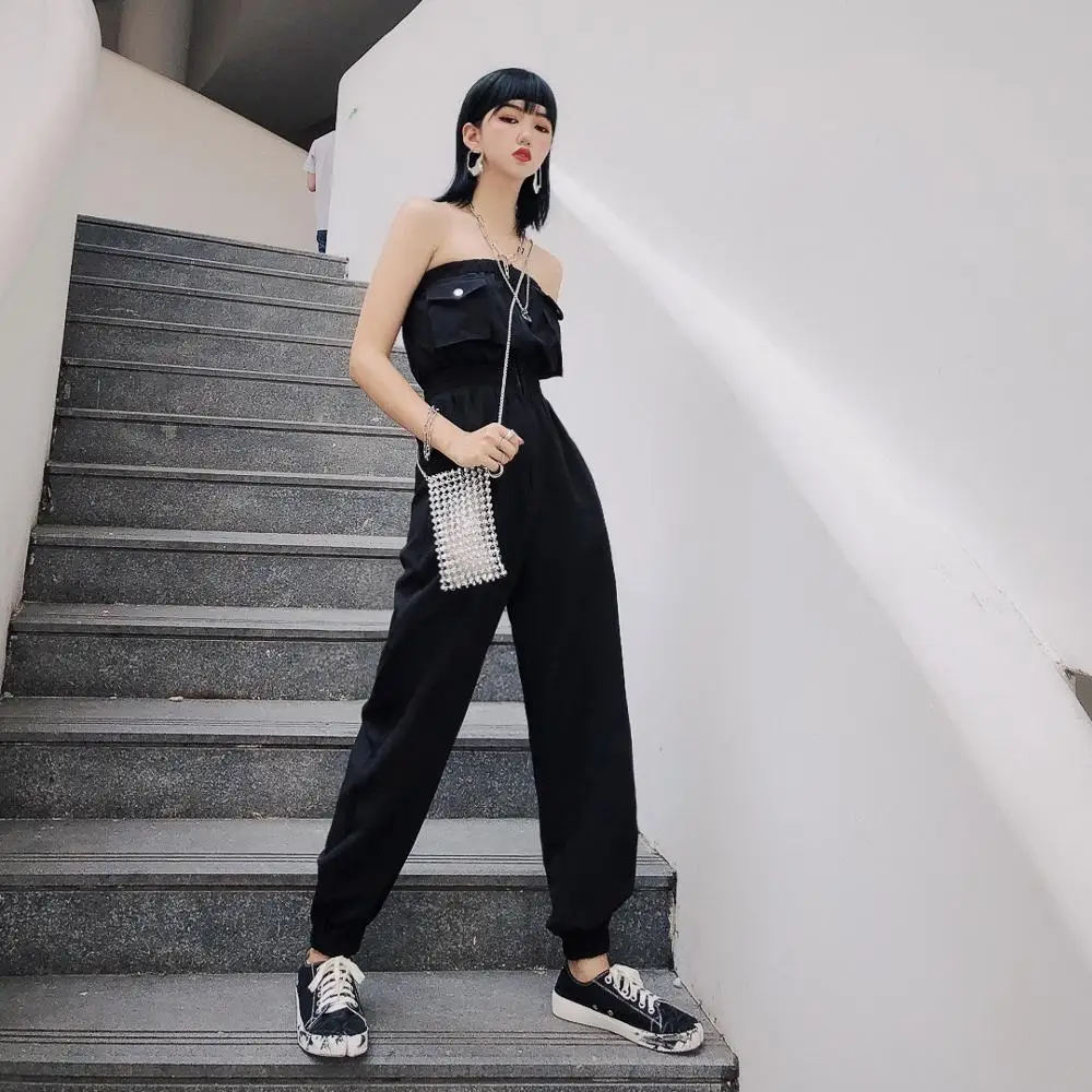 Jasmine fashion personality Shoulder-exposed сексуальный черный комбинезон для вытирания груди